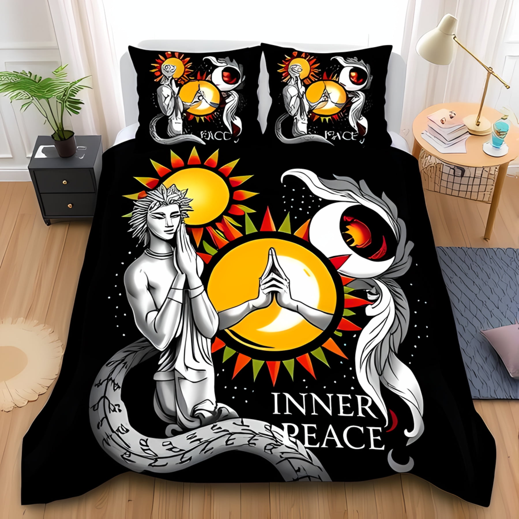 Black 3-Piece Duvet Cover Set with Meditating Figure Suns & Moons Inner ...