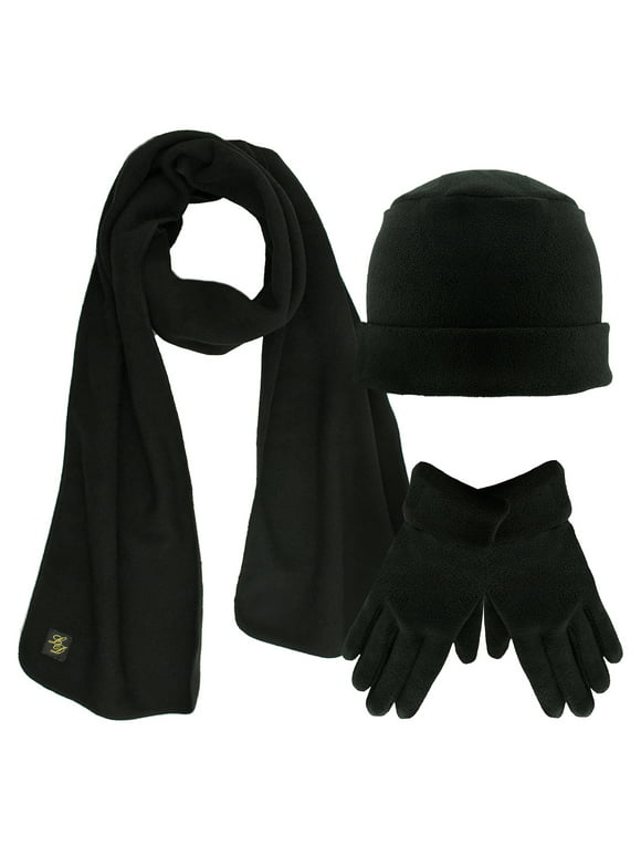 Black 3 Piece Fleece Hat Scarf & Glove Matching Set