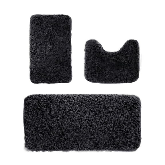 Black 3-Piece Large Bathroom Rug Set, Soft Absorbent Non-Slip Machine Washable Bath Mat, Plush Toilet Mat And Floor Mats, 305G