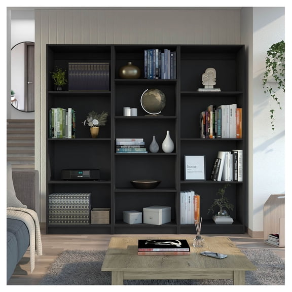 Black 3 Piece Living Room Bookcase Set - Modern Storage Shelves - 71 Inch Tall - Contemporary Home Furniture