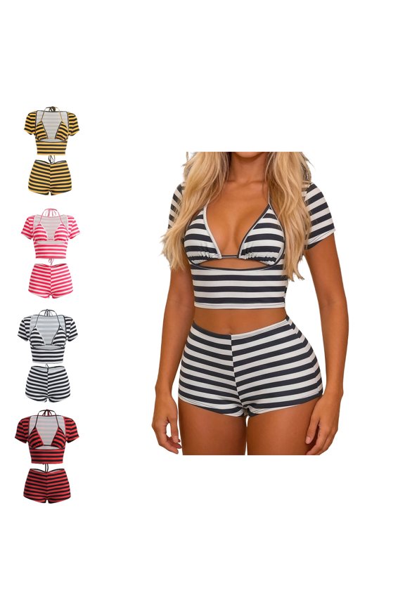 Black 3 Piece Outfits for Women Short Sleeve Stripe Crop Top Bodycon Mini Shorts Set Women Summer Sets