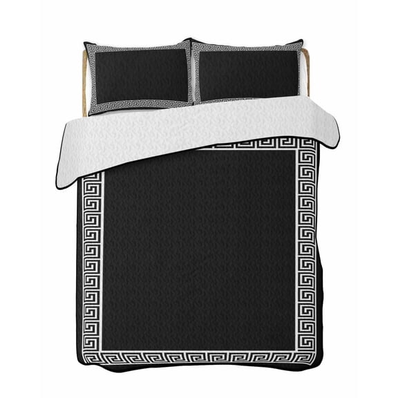 Black 3 Piece Quilt Bedding Set with 2 Pillow Shams, Greek Chinese Style Lightweight Bedspread Coverlet, Soft Breathable All Season Quilt, 96 x 106 Inch
