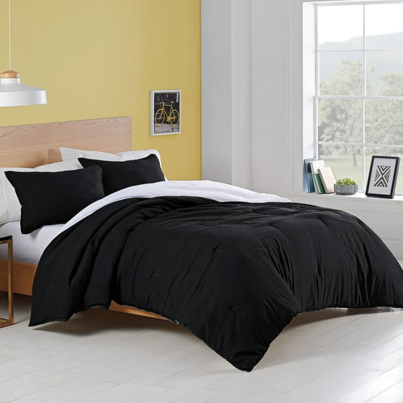 Black 3-Piece Reversible Comforter Set, Recycled Microfiber Bedding, King, by Utica