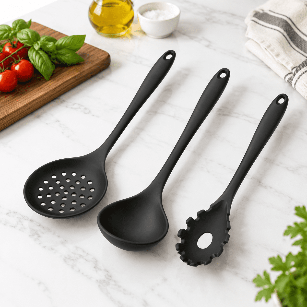 Black 3-Piece Silicone Kitchen Utensil Set For Mixing Serving Draining ...