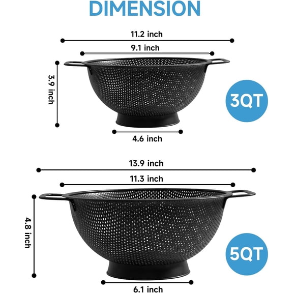 Black 3-Quart Stainless Steel Colander, Kitchen Strainer with Handle, Perfect for Pasta, Fruits, Vegetables & Cooking, Dishwasher Safe for Easy Cleanup