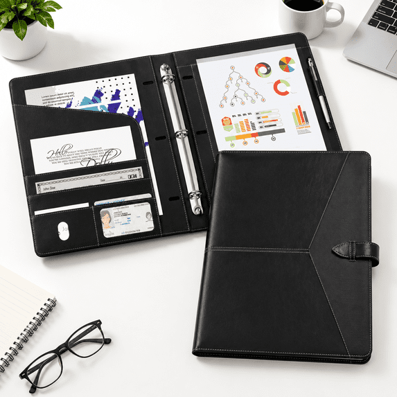 Black 3 Ring Binder Organizer, PU Leather Professional Portfolio Folder ...