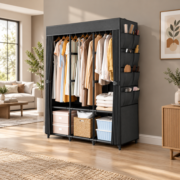 Black 3 Row - 52' Wide Portable Hanging Clothes Wardrobe Storage Rack