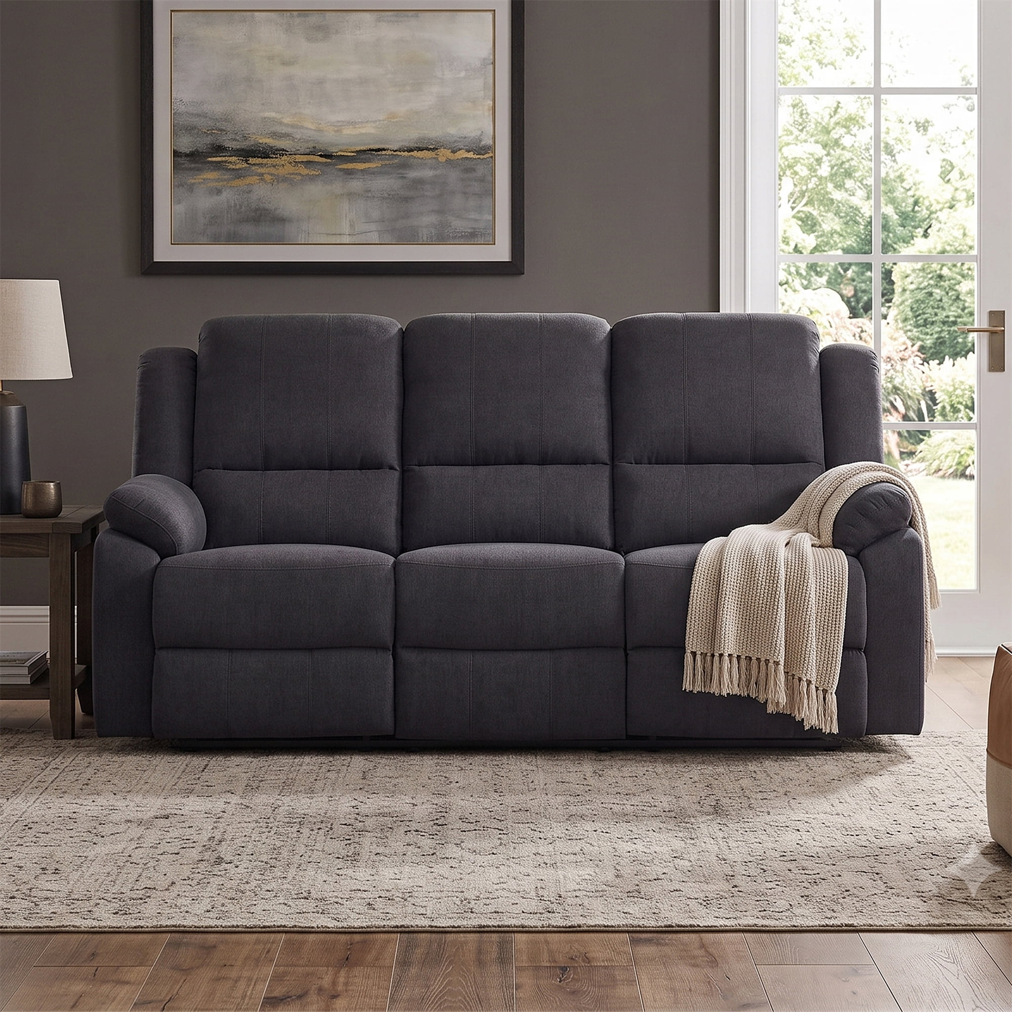 Black 3-Seat Reclining Sofa - Modern Microfiber Living Room Couch