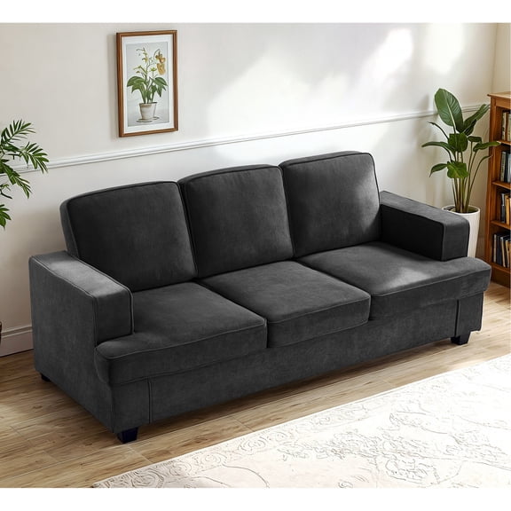 Black 3 Seater Velvet Couch with Loose Backrest / Versatile for Modern and Contemporary Decor