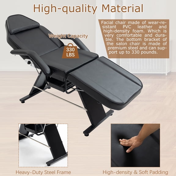 Black 3-Section Massage & Tattoo Chair with Hydraulic Stool, Adjustable Facial Bed Table for Salon, Spa, Barber, Esthetician - Heavy Duty Steel Frame, Faux Leather, 330lb Capacity