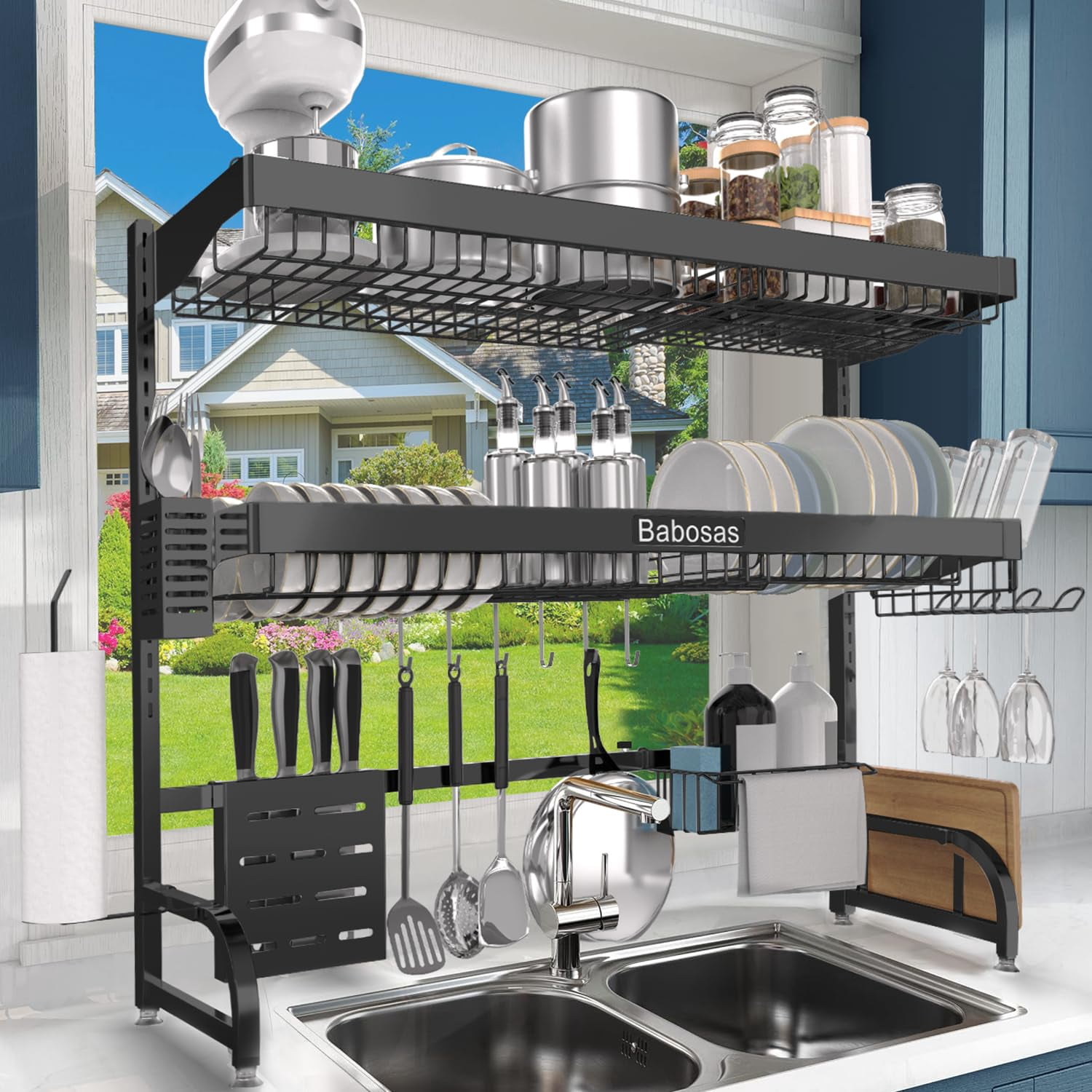 Black 3 Tier Adjustable Over The Sink Dish Drying Rack, Expandable 25.5 ...