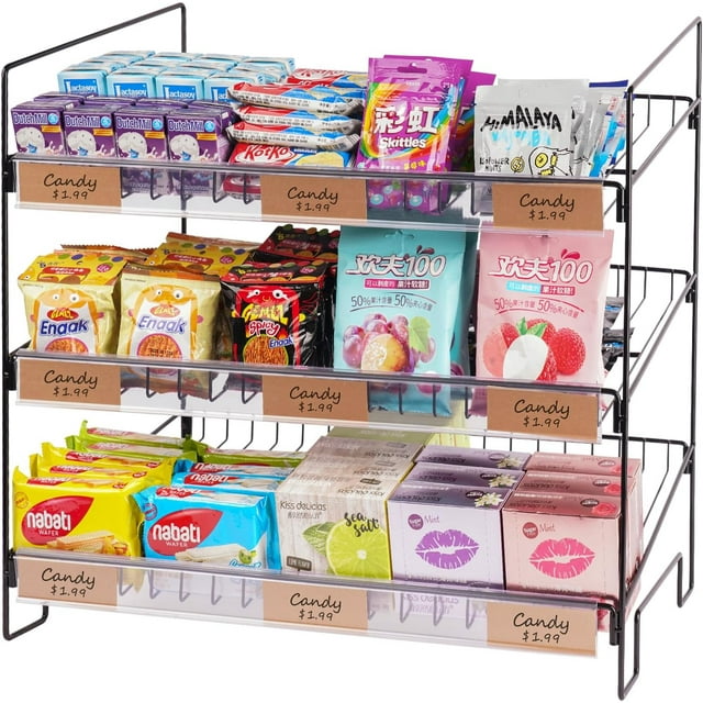 Black 3-Tier Candy Display Rack 24 * 23 * 14inch Versatile Chip and Snack Stand for Countertop Retail, Concession Stands, and Supermarkets