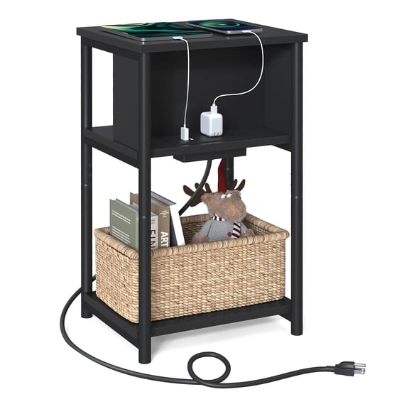 Black 3-Tier End Table With Built-In Charging Station, USB & AC Outlets