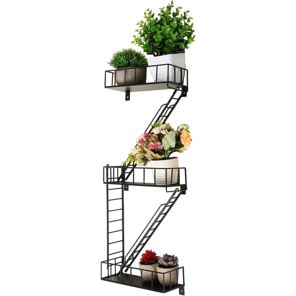Black 3 Tier Fire Escape Wall Shelf Hanging Metal Ladder Shelves Wall Decor Decorative Bookshelf Organizer Floating Trinket Shelves Action Figure Shelf for Home Bedroom Storage Display