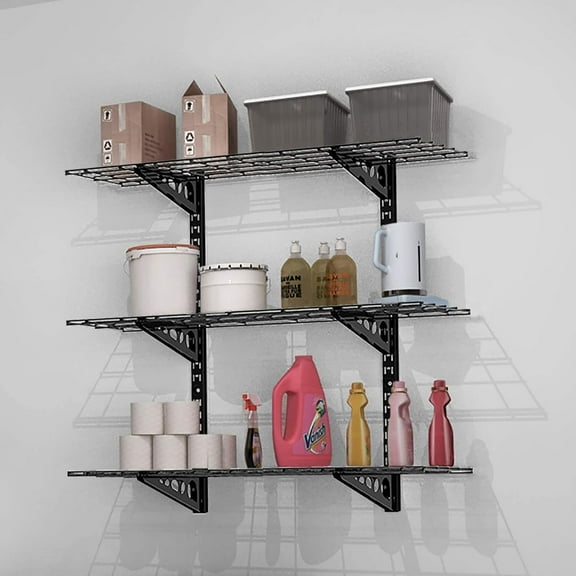 Black 3-Tier Garage Storage Wall Shelving: 12-inch-by-36-inch per Shelf, Height Adjustable Floating Shelves