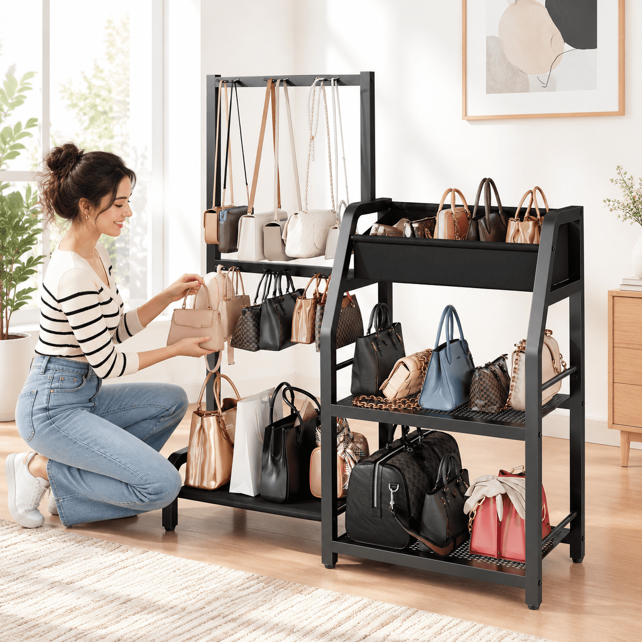 Black 3-Tier Iron Purse Storage Rack for Closet, Multiple Hooks, Large ...