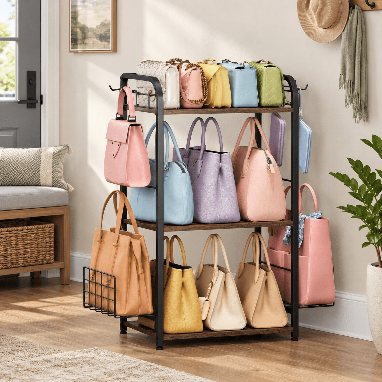 Black 3-Tier Iron Wood Floor-Standing Purse Rack with Adjustable Feet ...