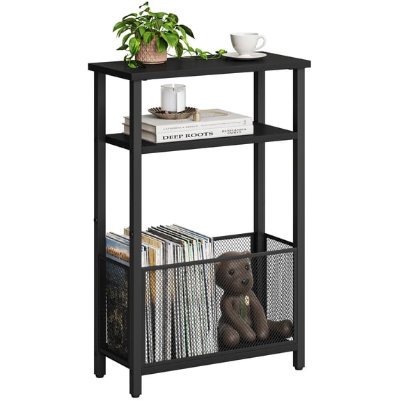 Black 3-Tier Narrow Side Table With Mesh Storage Basket