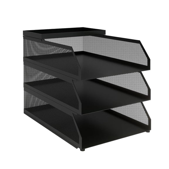 Black 3-Tier Stackable Mesh Desk Organizer, Slanted Metal Document Tray with Top Shelf  Durable Expandable File Shelf for Office Desktop Paper & Supplies Storage