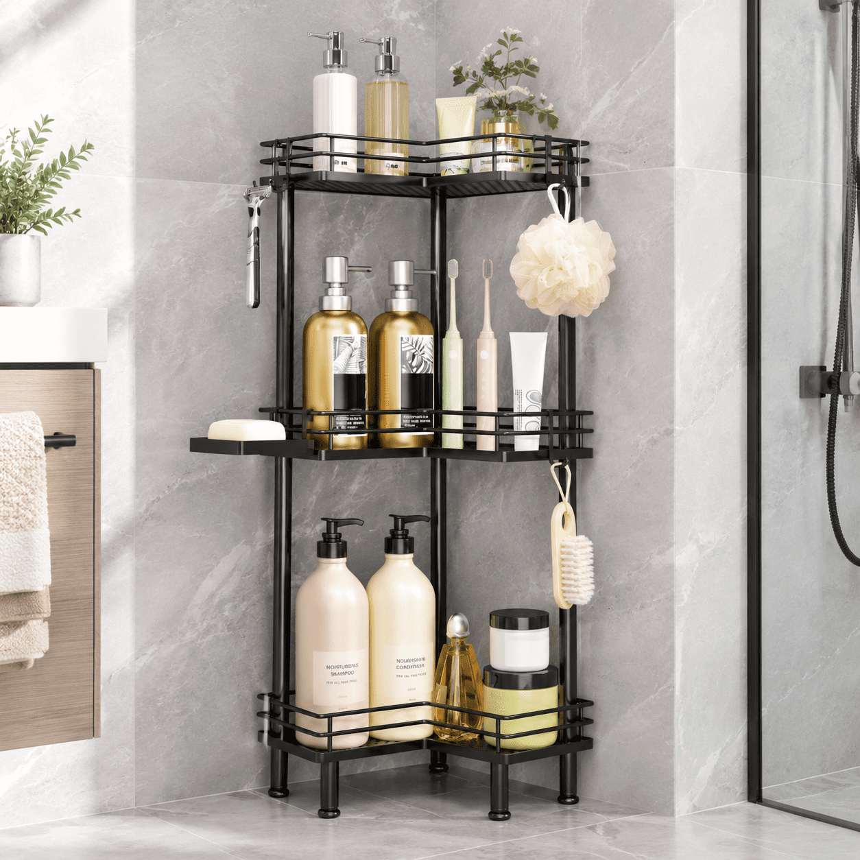 Black 3 Tier Stainless Steel Corner Shower Organizer with Soap Holder ...