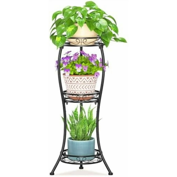 Black 3 Tier Tall Plant Stand for Indoor Outdoor, Large Multiple Level Flower Planter Holder Organizer Rack for Patio Office Bathroom Corner Floor, Sturdy Heavy Duty Metal, Vertical Display