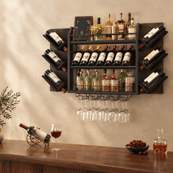 Black 3-Tier Wall Mounted Wine Rack, Metal Wood Construction, Holds 19 ...