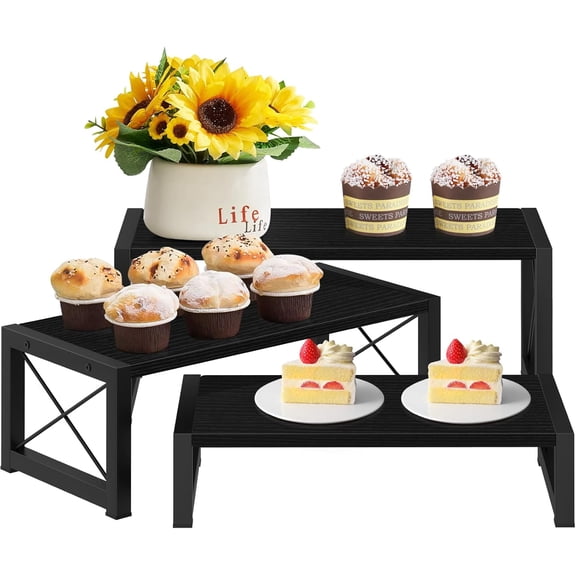 Black 3-Tier Wooden Cupcake and Dessert Display Stand, Multi-Tier Riser for Cupcakes, Food, Perfume, Makeup, Dolls, Collectibles, and Market Vendor Retail Shelf Organizer