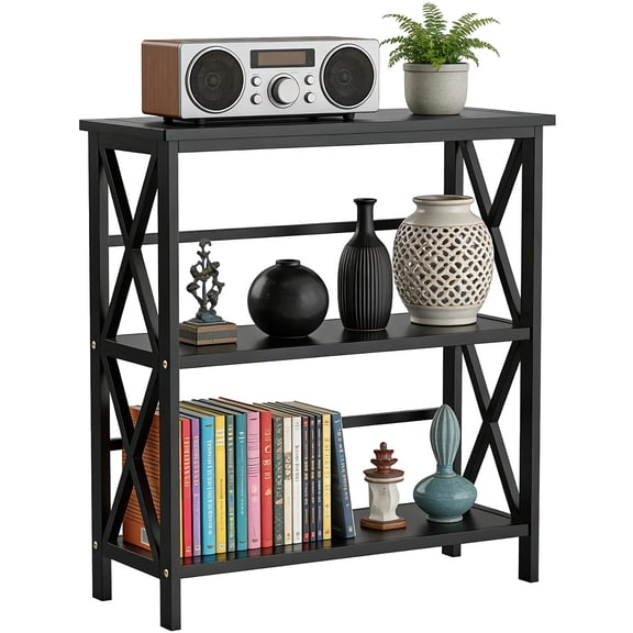 Black 3-Tier X-Design Bookshelf With Sturdy Metal Frame For Home Office Bedroom Living Room