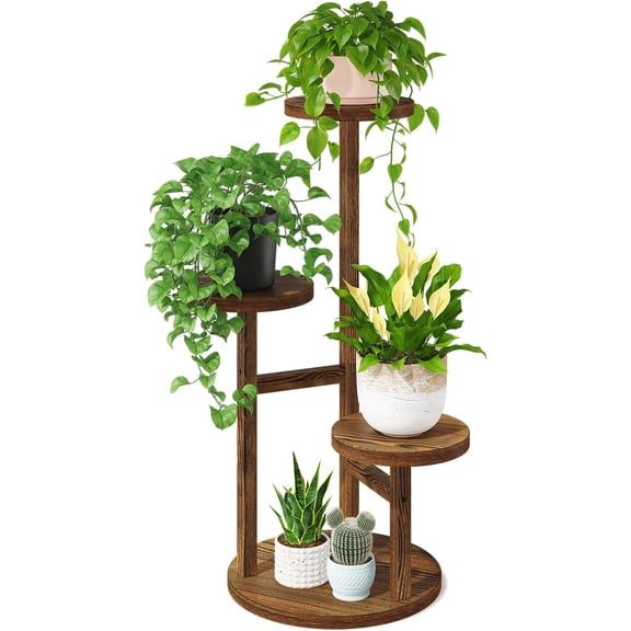 Black 3 Tiered Wooden Plant Stand Indoor with Heavy Duty Planter, Large Multiple Level Vertical Flower Rack for Narrow Corner, Sturdy Rustic Shelving Organizer Holder for Modern House Bathroom