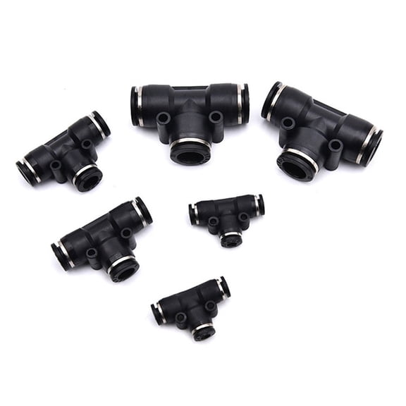 Black 3 Way T shaped Tee Pneumatic Fittings PE 4mm to 16mm OD Hose Tube Push In Air Gas Fitting Quick Connector Adapters
