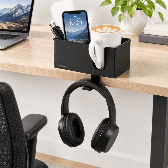 Black 3-in-1 Clip-on Desktop Organizer with Cup Holder, Pen Holder and Headphone Hook