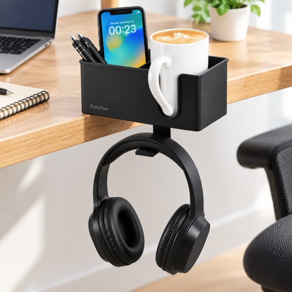 Black 3-in-1 Clip-on Desktop Organizer with Cup Holder, Pen Storage and Headphone Hook