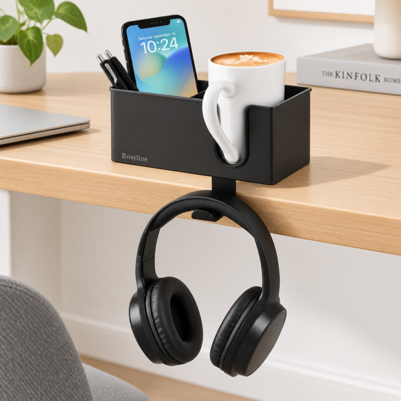 Black 3-in-1 Clip-on Desktop Organizer with Cup Holder, Pen Storage and Headphone Hook