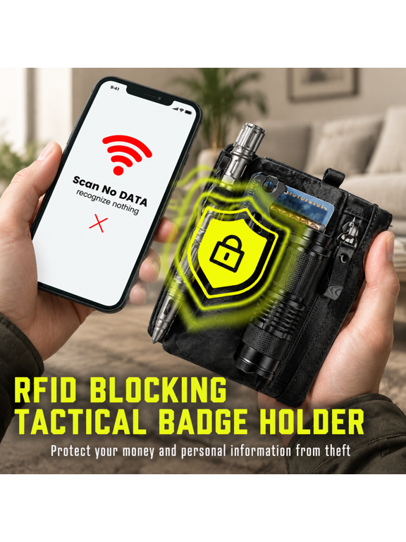 Black 3-in-1 Fabric RFID Blocking ID Card Badge Holder Wallet with Lanyard