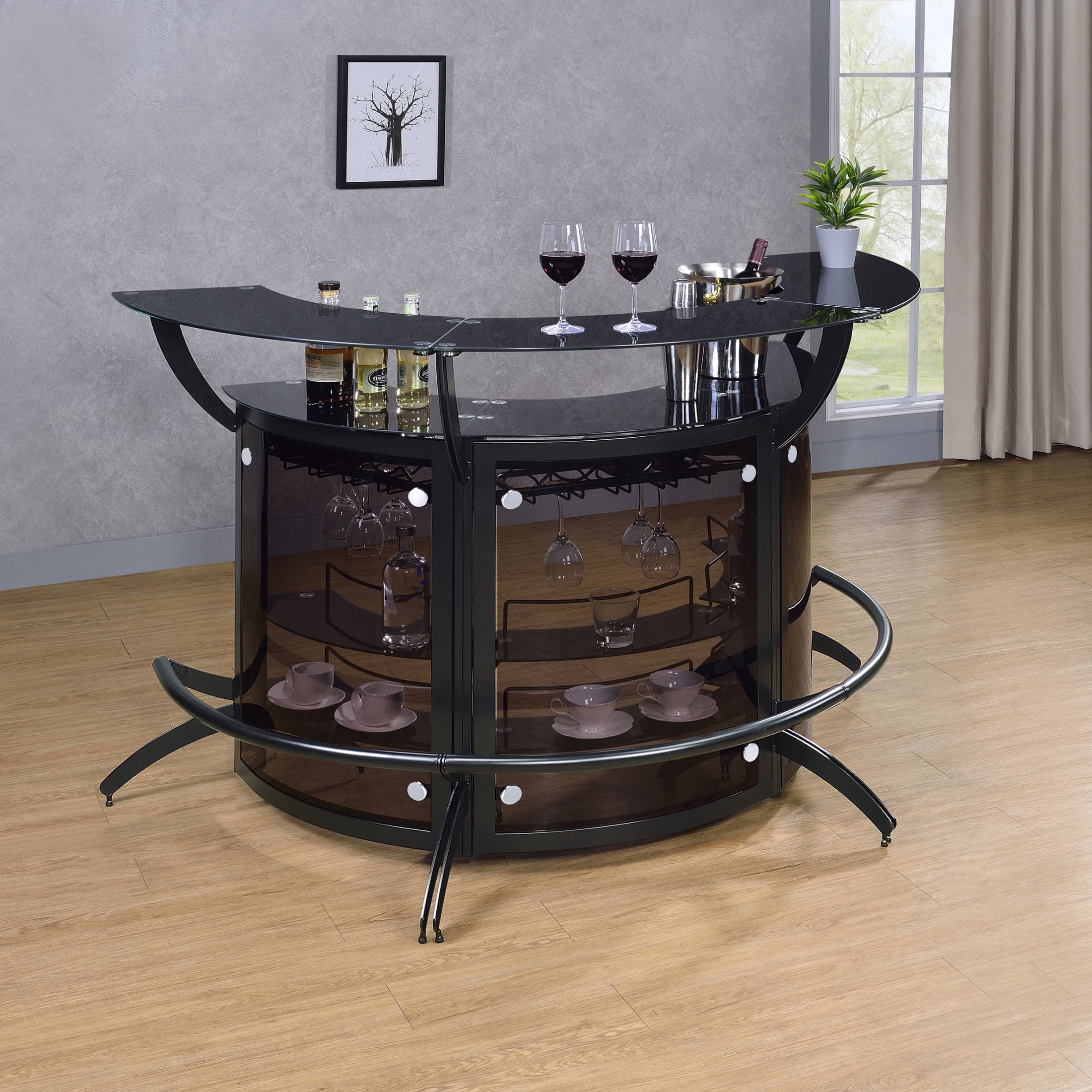 Black 3-piece Curved Freestanding Home Bar,Contemporary Bar with Two ...