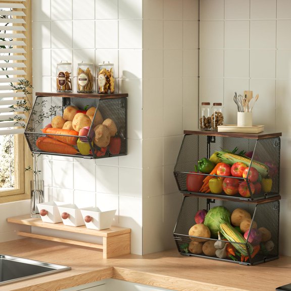 Black 3 x Large Stackable Wire Kitchen Storage Basket with Wood Lid