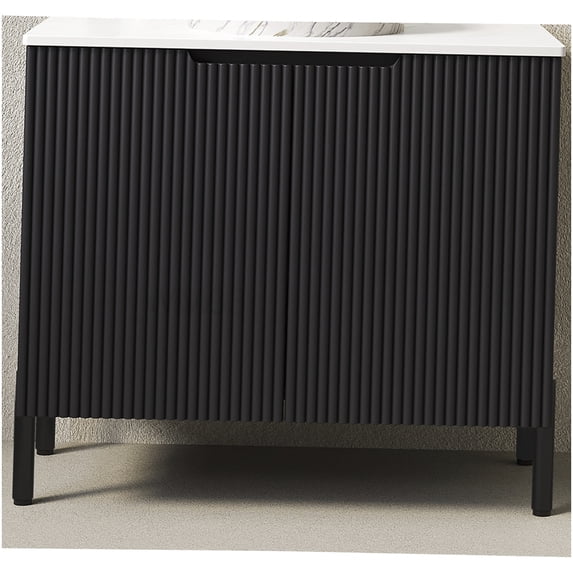 Black 30 Inch Bathroom Cabinet with Carrara White Sintered Stone Top, No Basin, 2-Door Freestanding Storage Unit for Home