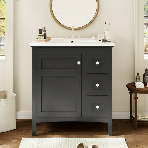 Black 30 Inch Bathroom Vanity With Ceramic Sink - Modern Solid Wood 3 Cabinet Maintenance- Countertop Umbrella Stand