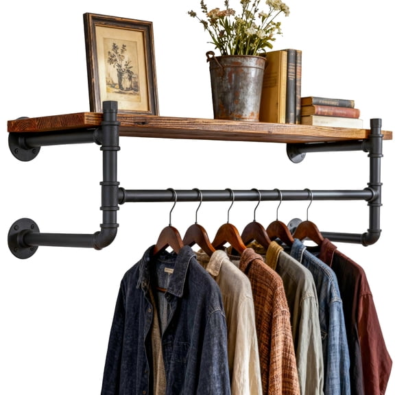 Black 30 Inch Wall Mounted Clothes Rack Industrial Pipe Garment Bar with Wood Shelf