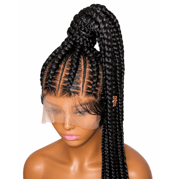 Black 30 inches 360 full lace synthetic braided wig with High Ponytail, Cornrow Braids & Baby Hair