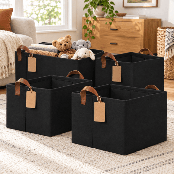 Black 30L (16.8"L x 11"W x 9.8"H) Fabric Storage Baskets, 4 Pack for Shelves