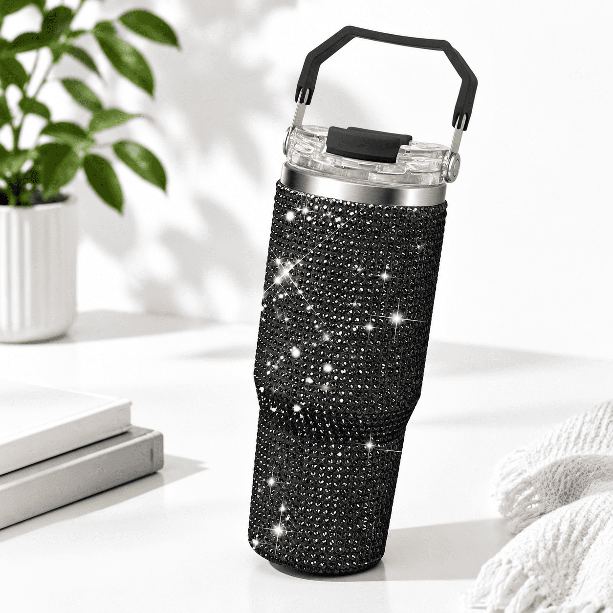 Black 30oz Bling Rhinestone Stainless Steel Tumbler with Handle and Lid ...