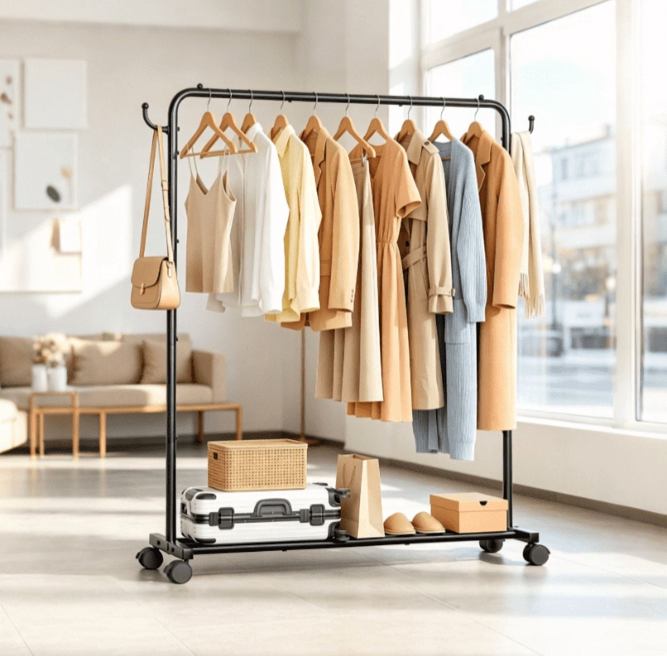 Black 31.5 Inch Homde Wheeled Rolling Garment Rack with Hooks & Luggage ...