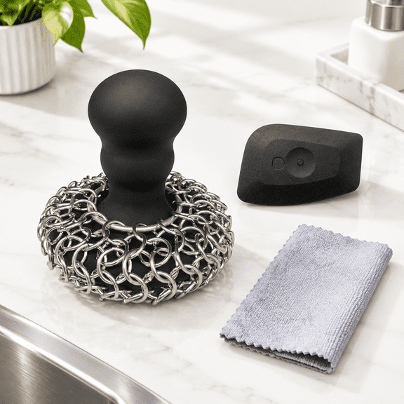 Black 316 Stainless Steel Chainmail Scrubber with Silicone Handle and Accessories for Cookware