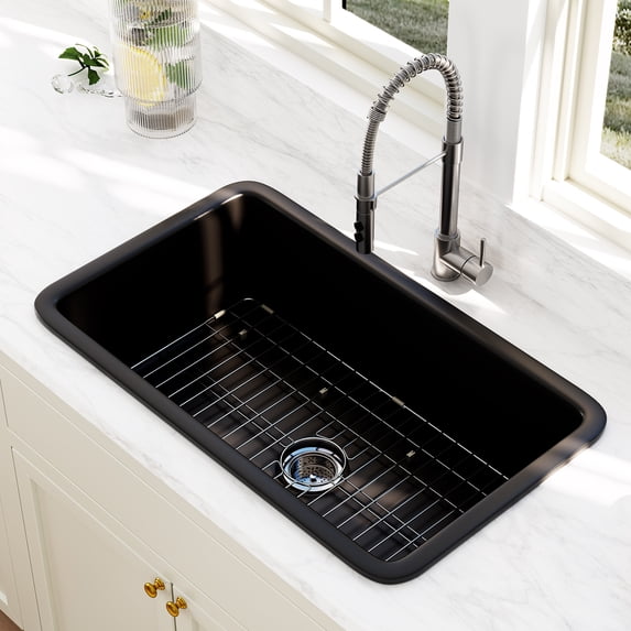 Black 32" Fireclay Dual Mount Rectangle Kitchen Sink with Bottom Grid and Basket Strainer 69Lb
