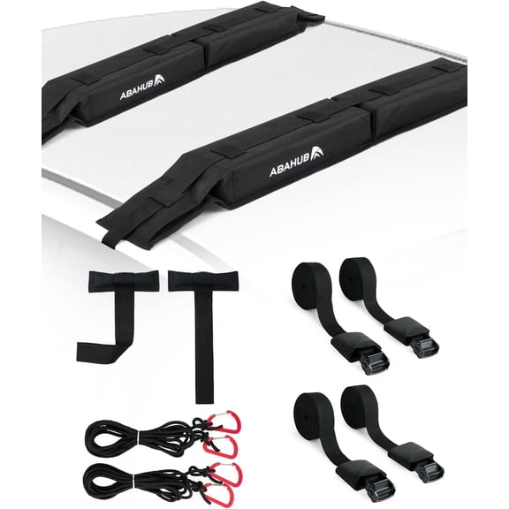 Black 32 Inch Roof Rack Pads with Tie-Down Straps, Ropes, Hood Loops and Storage Bag Universal Fit for SUVs, Surfboards, Kayaks and Canoes