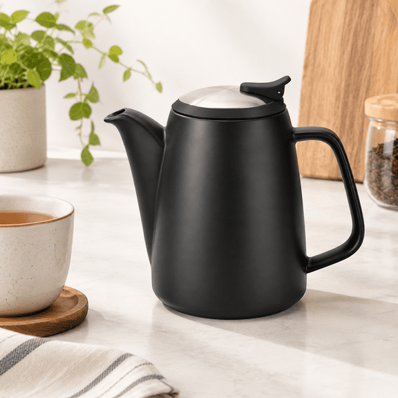 Black 32 Oz Ceramic Loose Leaf Tea Pot With Removable Stainless Steel Infuser