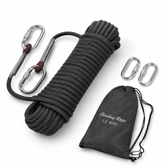 Black 32FT Static Climbing Rope for Outdoor Mountain Tree Climbing Emergency Escape