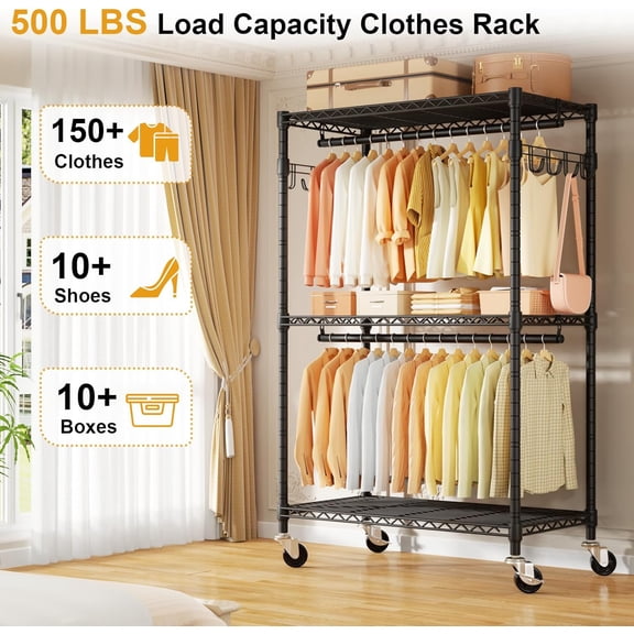 Black 35.5"W×15.7"D×80.5"H Rolling Wardrobe Closet, 500 LBS Heavy-Duty Portable Rack with Wheels, Sturdy Hanging Clothing Organizer for Bedroom Laundry