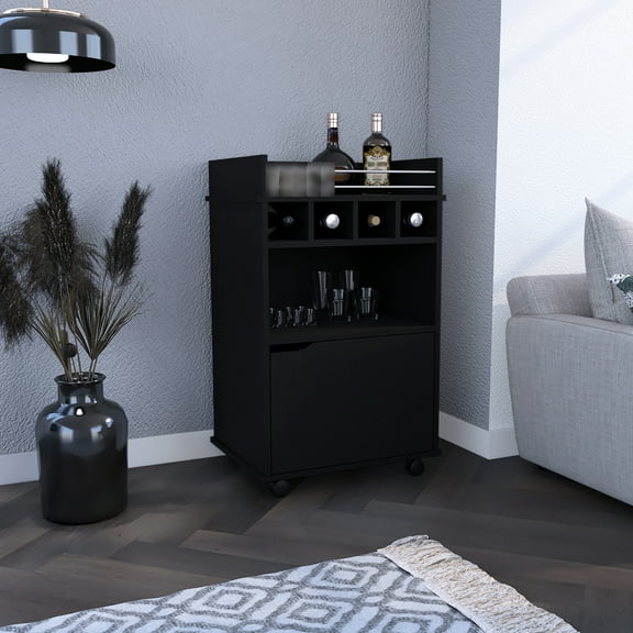 Black 35" H Bar Cart With Two Shelves, Four Wine And One Cabinet. 35"h X 21.6"w 16.3"d Compact Cart. Laminated Particle Board Made. 4 Compartments For Bottles. 6 Shelves. Wheels. 1 Door Finish,